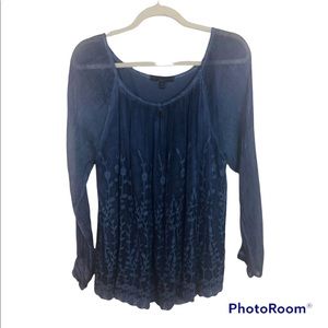 SAKS FIFTH AVENUE Blue Floral Silk Sheer Long Sleeve Blouse Sz Medium